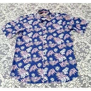 Hawaiian Aloha Shirt American Crew Men's M Blue Pink Classic Fit Polyester Blend